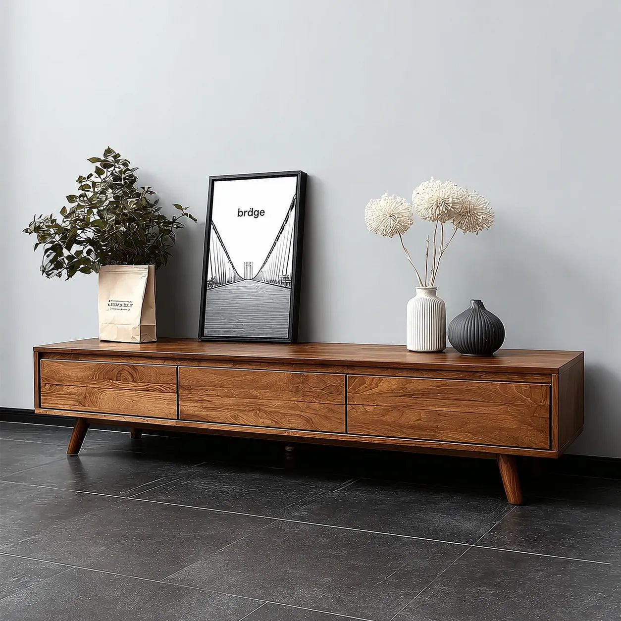 Minimalist Natural Solid Wood TV Stand with Six Drawer Storage Design