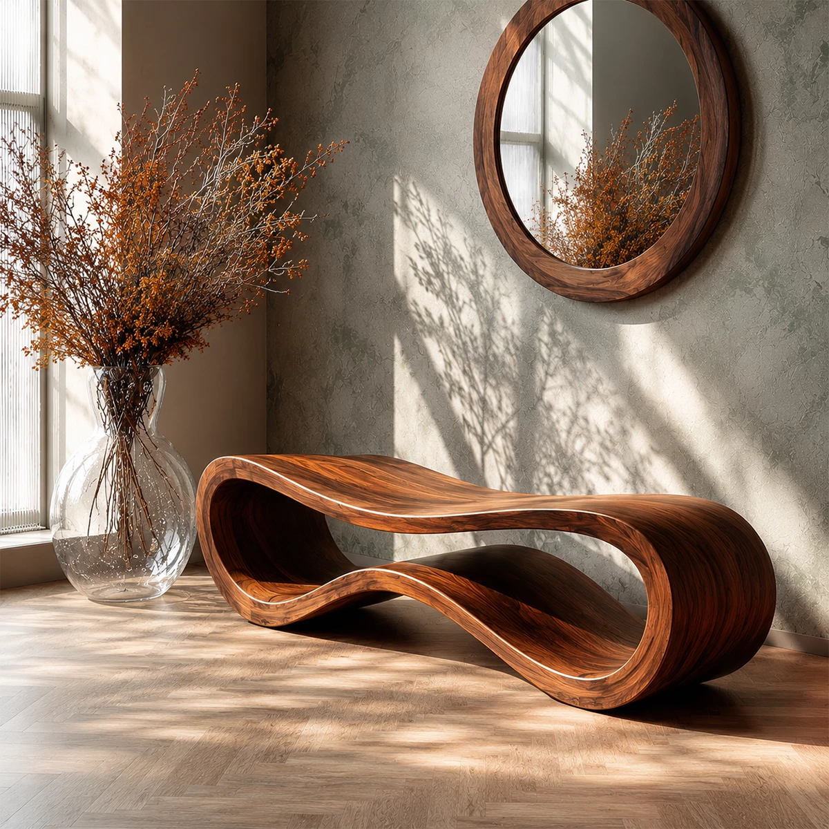 Sculptural Wave Wood Bench – Organic Natural Wood Entryway Bench for Modern Interiors