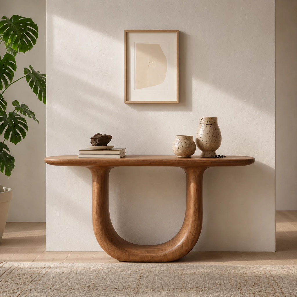 Sculptural U-Shaped Console Table in Natural Solid Wood