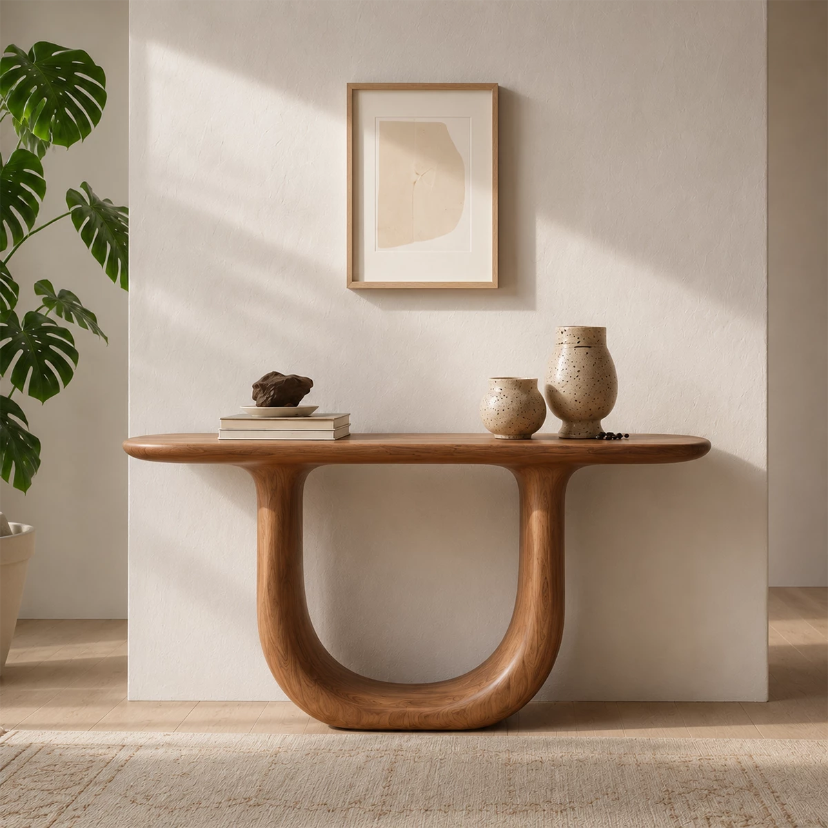 Sculptural U-Shaped Console Table in Natural Solid Wood