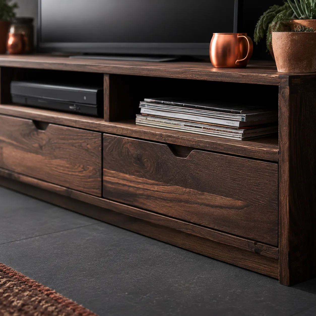 Rustic Natural Solid Wood TV Stand with Open Shelf Media Storage