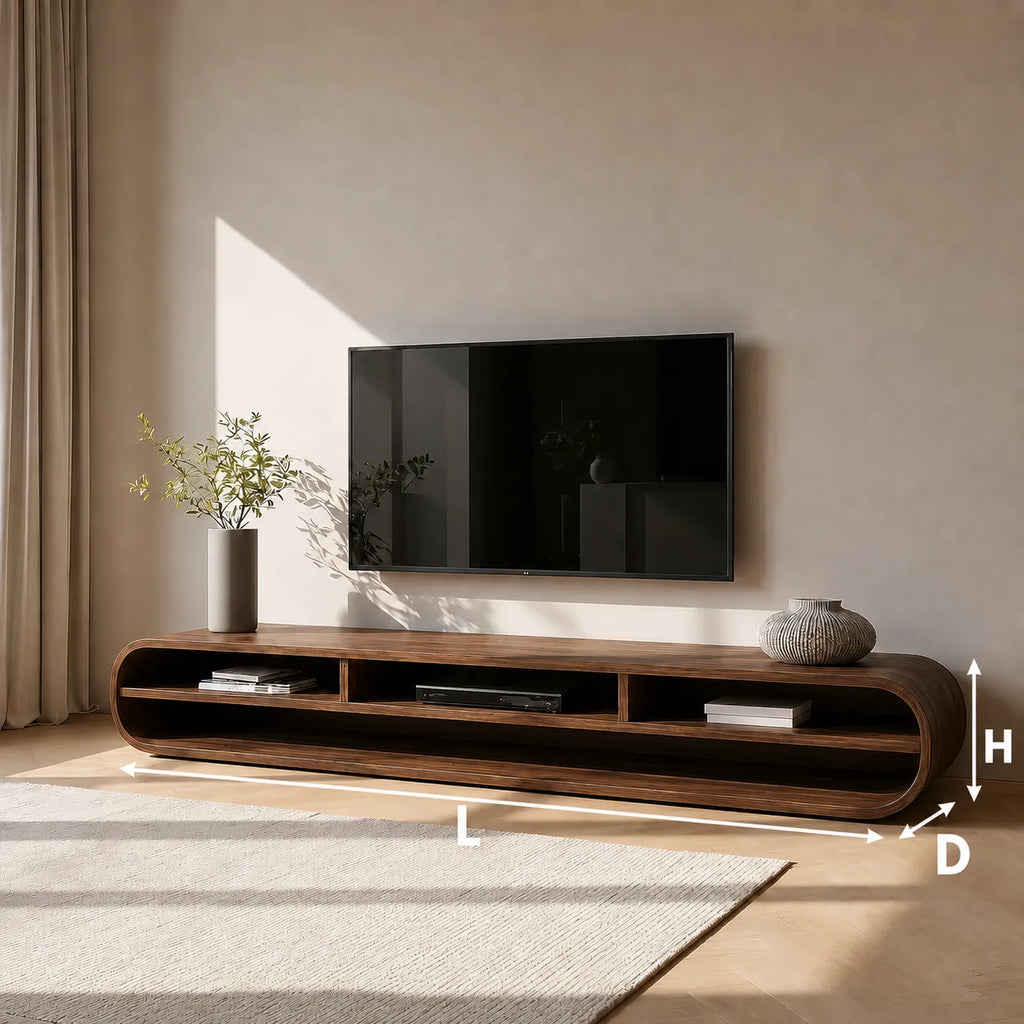 Capsule Natural Solid Wood TV Stand with Long Open Media Shelves