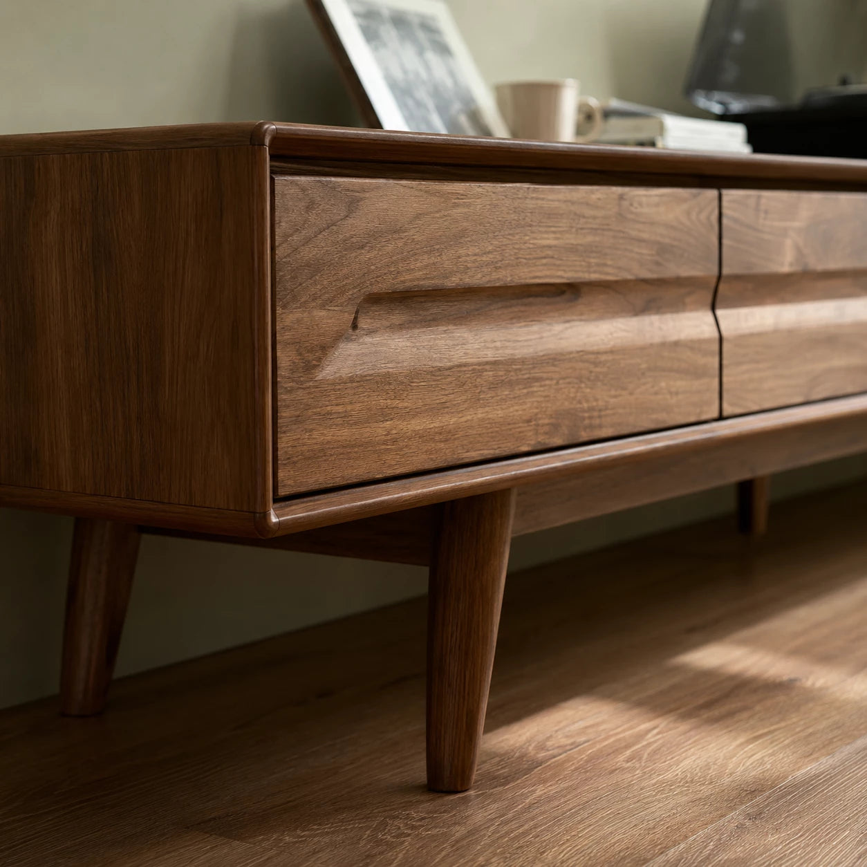 Low Profile Natural Solid Wood TV Stand with Tapered Legs and Drawers