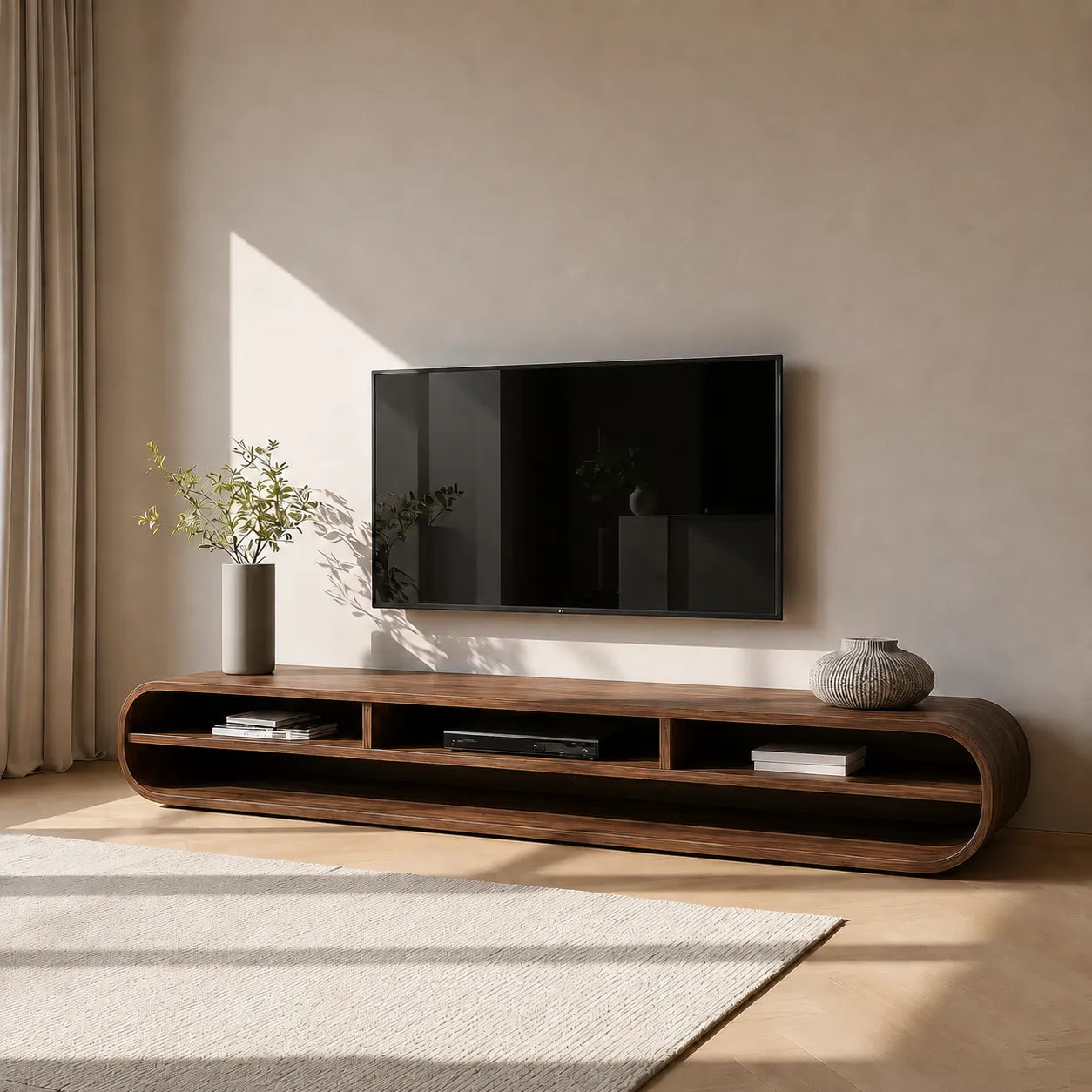 Capsule Natural Solid Wood TV Stand with Long Open Media Shelves