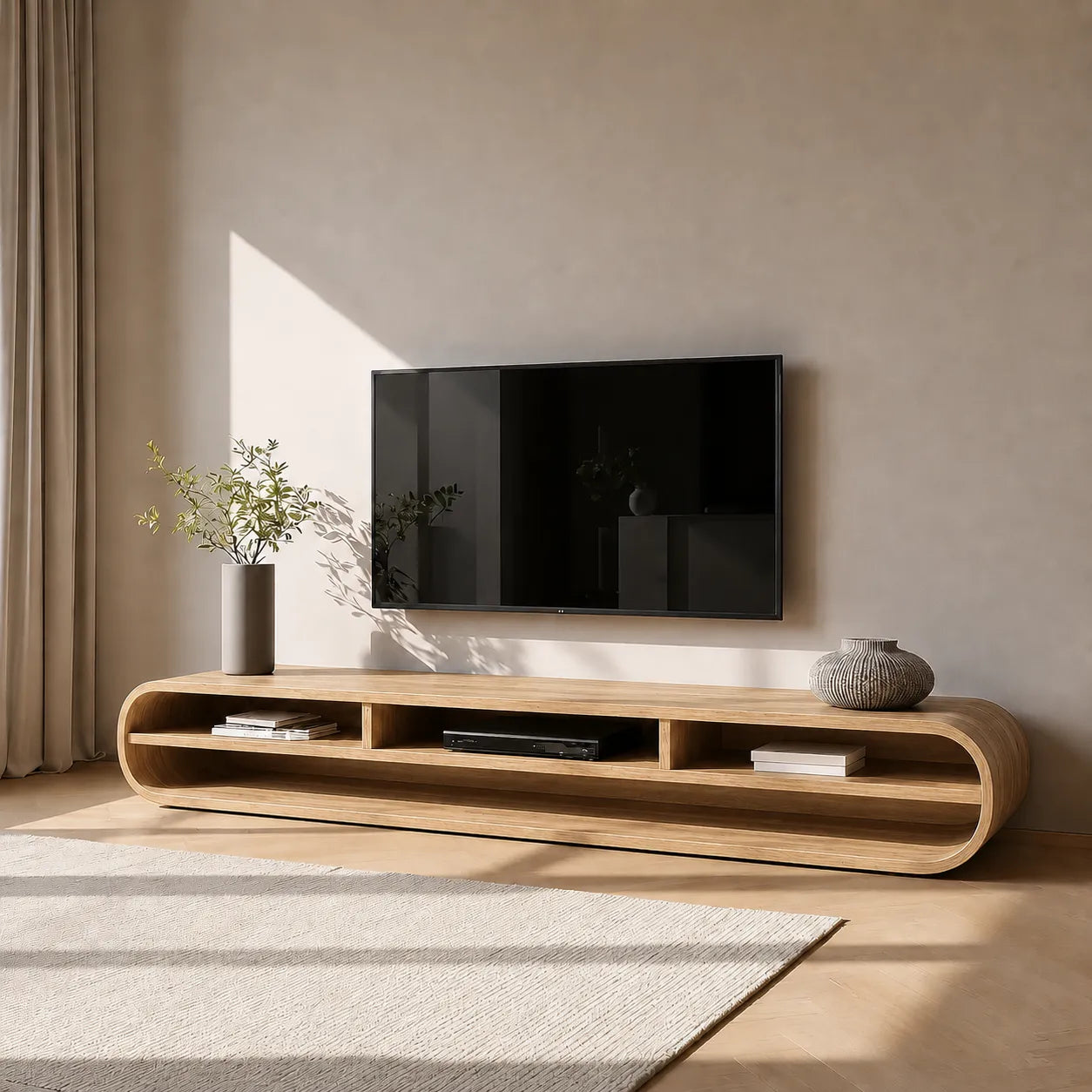 Capsule Natural Solid Wood TV Stand with Long Open Media Shelves