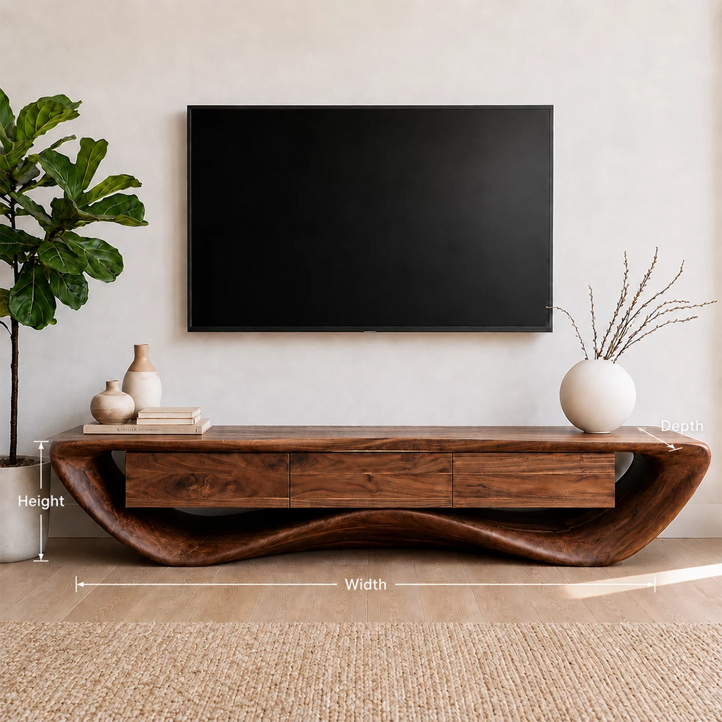 Natural Solid Wood TV Stand with Three Drawers and Sculptural Wave Base