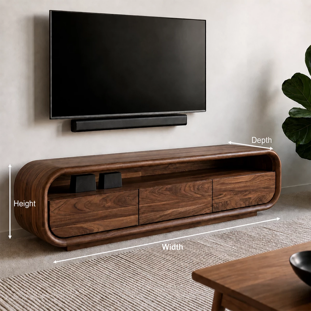 Natural Solid Wood TV Stand with Three Cabinets and Full Width Open Media Shelf