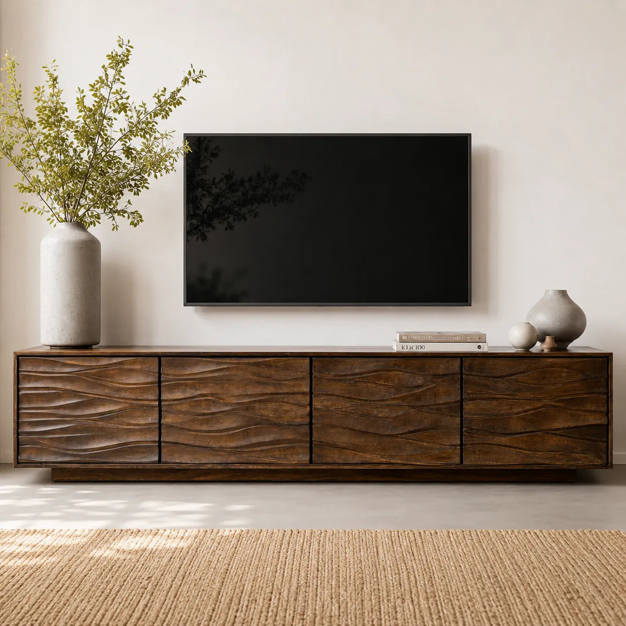 Wave Front Natural Solid Wood TV Stand with Sculpted Storage Design