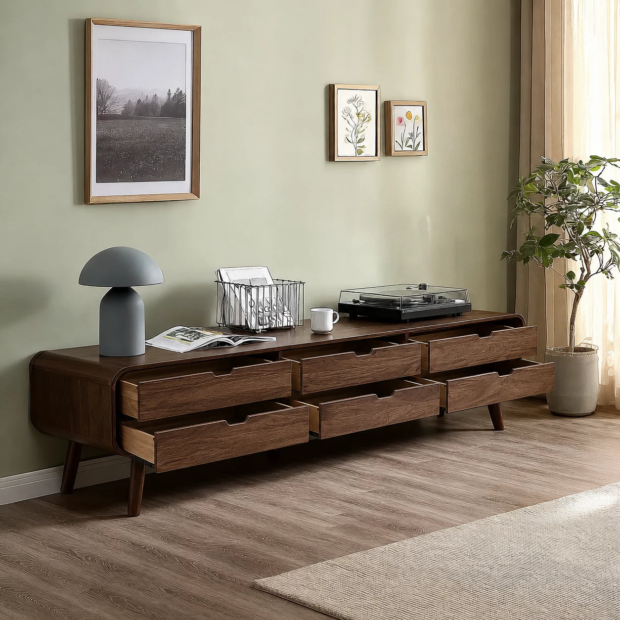 Mid Century Natural Solid Wood TV Stand with Six Drawer Storage