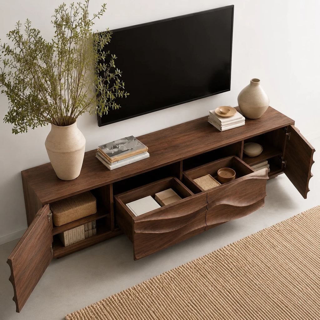 Sculpted Wave Natural Solid Wood TV Stand with Eight Drawer Storage