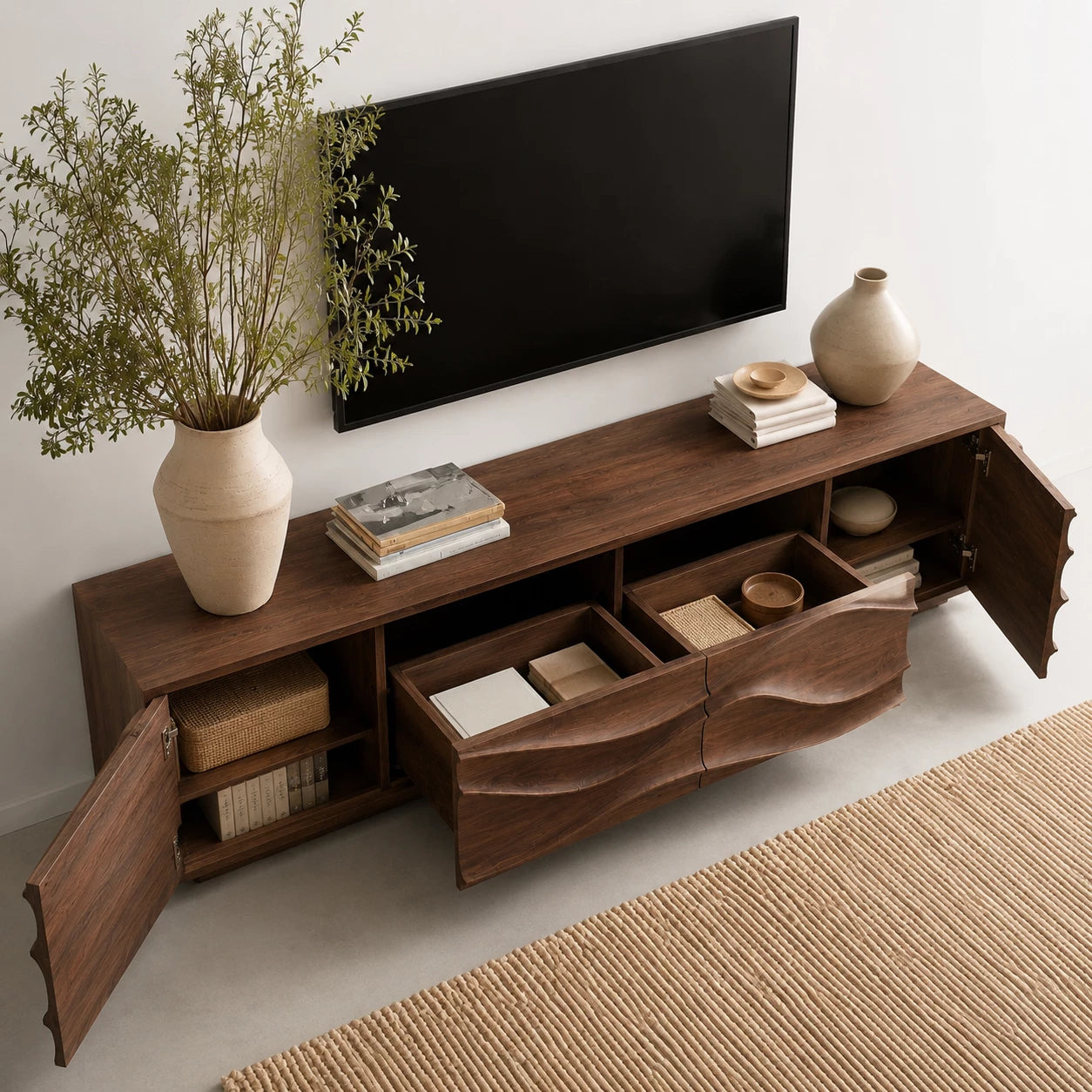 Sculpted Wave Natural Solid Wood TV Stand with Eight Drawer Storage