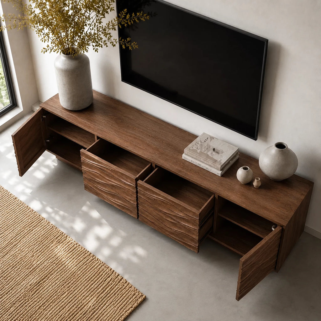 Wave Front Natural Solid Wood TV Stand with Sculpted Storage Design