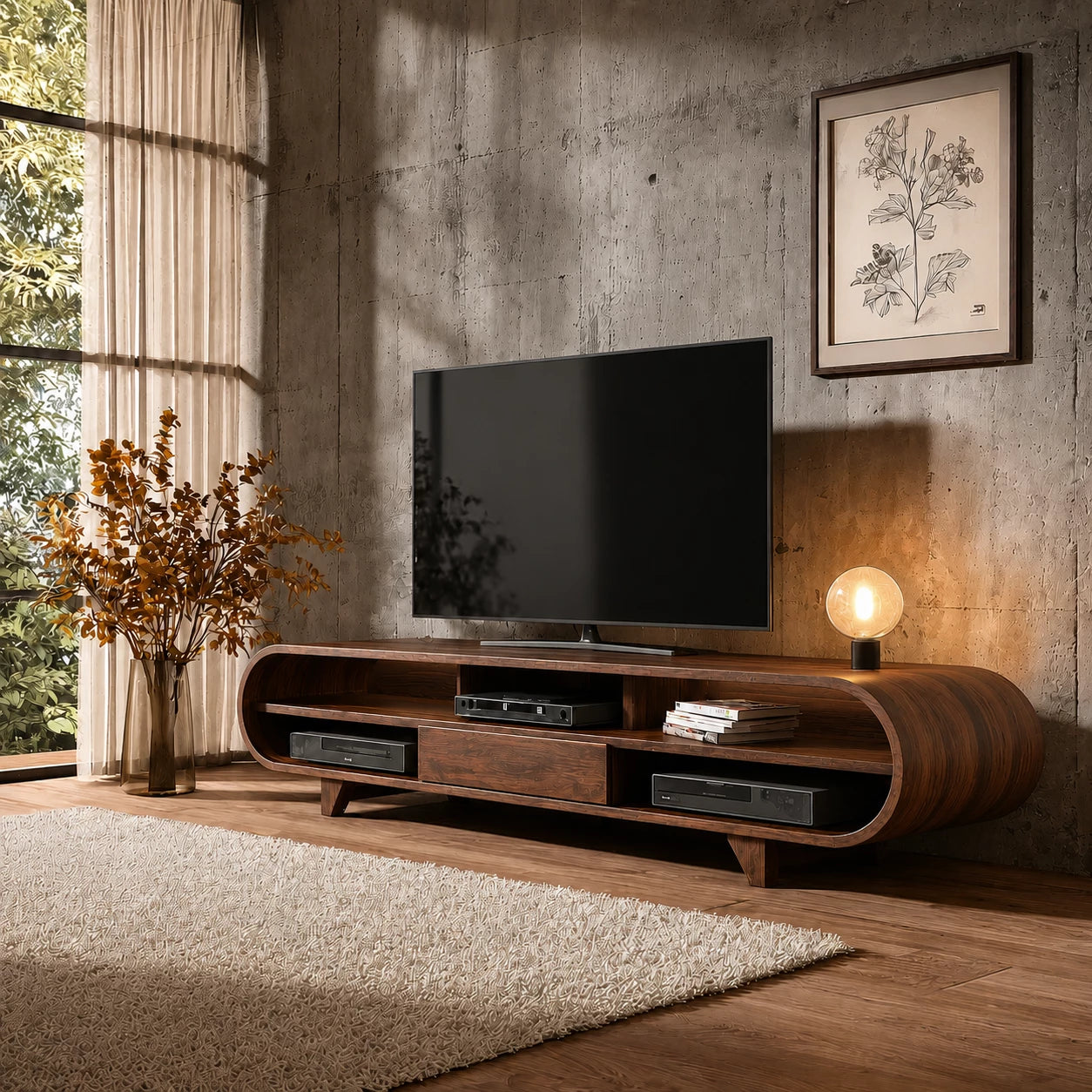Rounded Edge Natural Solid Wood TV Stand with Open Media Storage