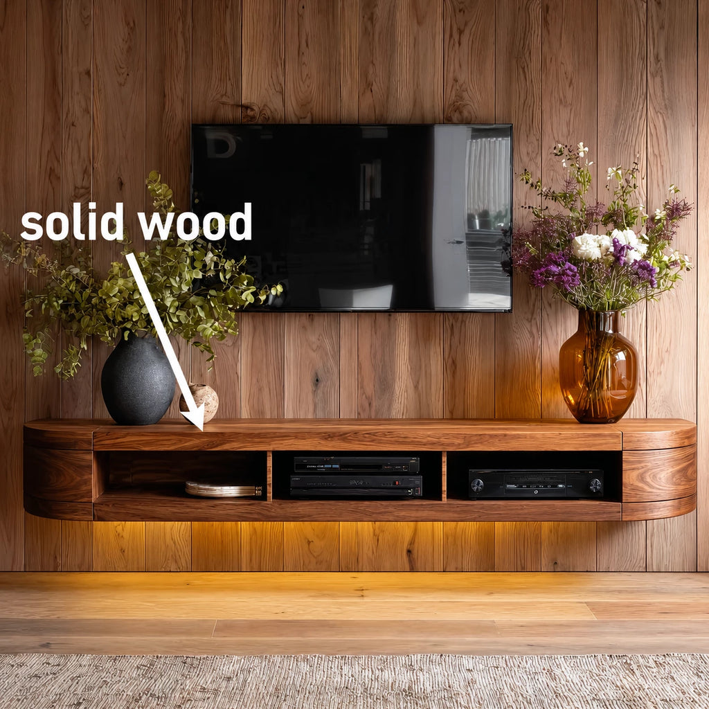 Wall Mounted Natural Solid Wood TV Stand with Open Media Storage Design