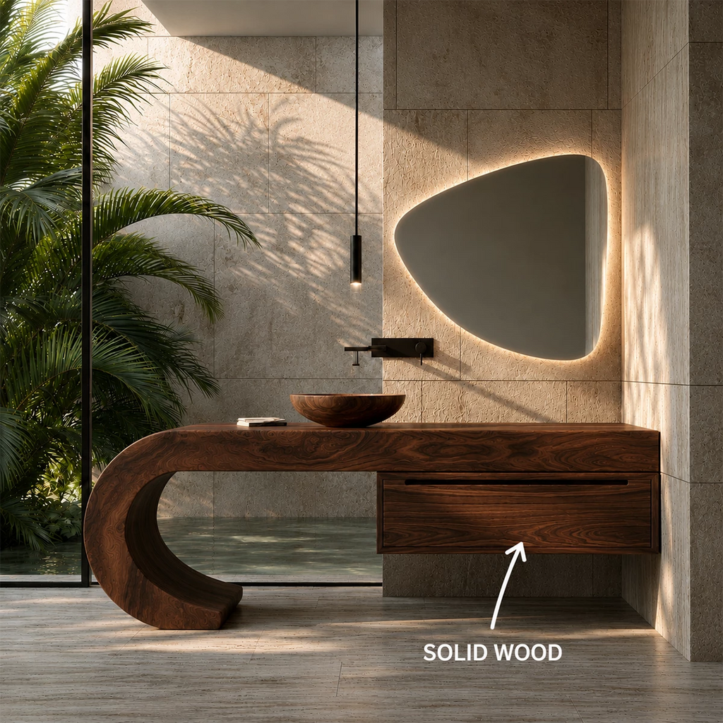 Organic Floating Bathroom Vanity With Sculptural Curved Wood Base