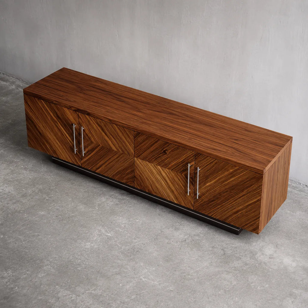 Geometric Natural Solid Wood TV Stand with Chevron Door Design