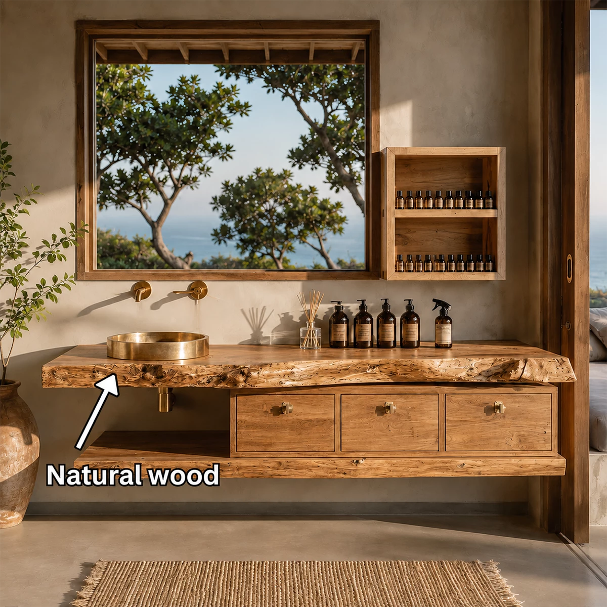 Live Edge Floating Bathroom Vanity With Solid Wood Drawers & Open Shelf