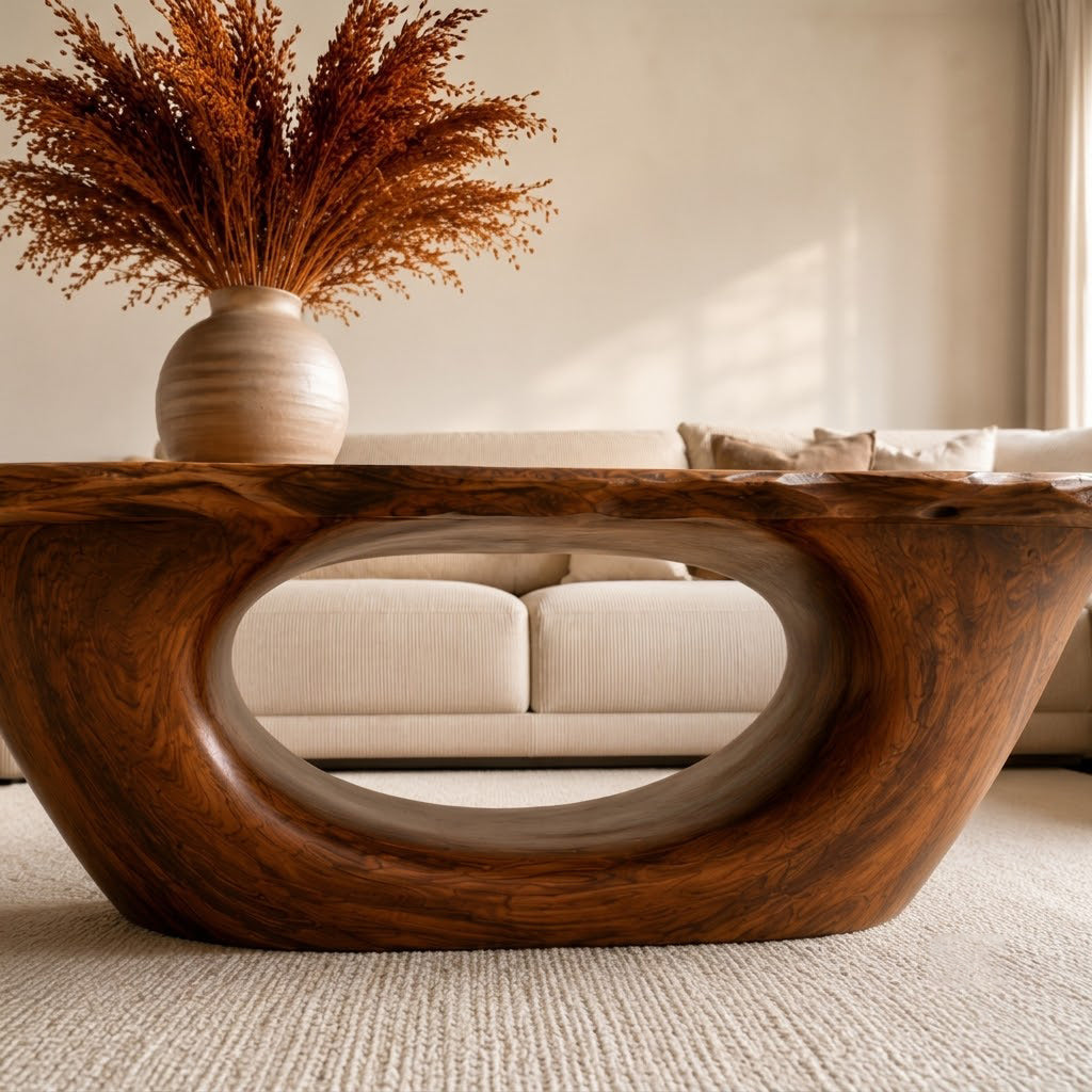 Sculptural Natural Solid Wood Coffee Table for Living Room