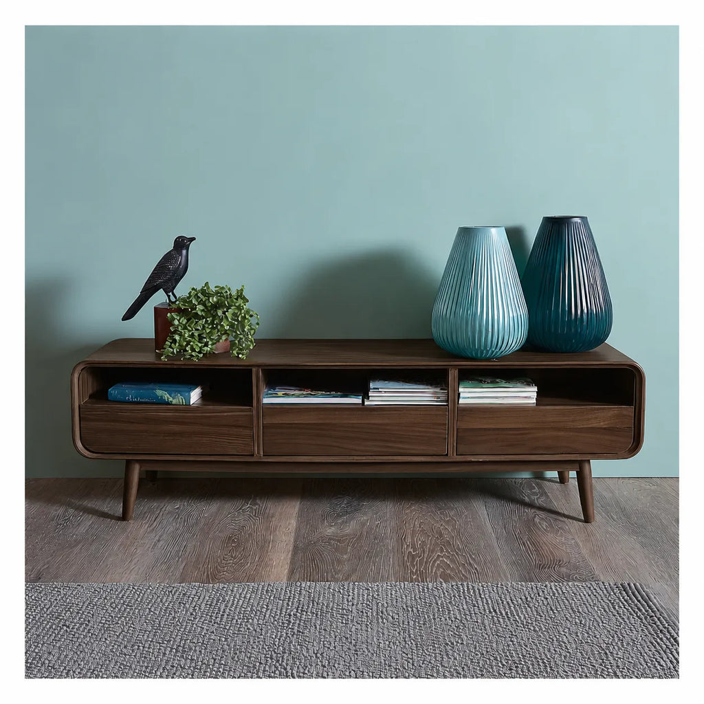 Mid Century Natural Solid Wood TV Stand with Rounded Frame Design