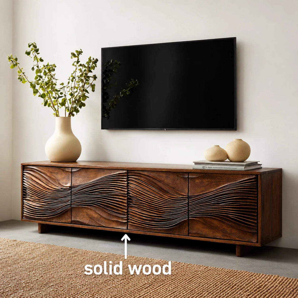 Carved Wave Natural Solid Wood TV Stand with Four Door Storage