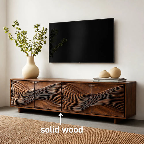 Carved Wave Natural Solid Wood TV Stand with Four Door Storage