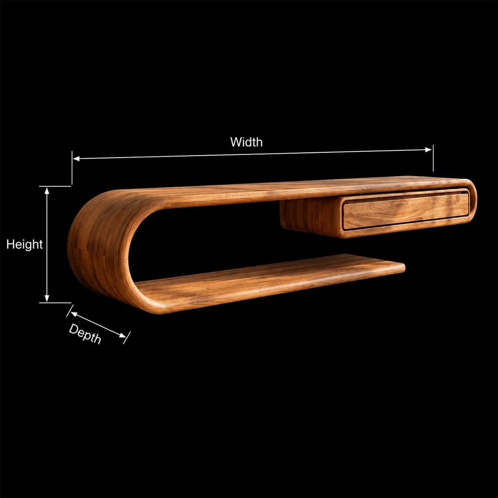 Natural Solid Wood TV Stand with Floating Drawer and Sculptural Loop Frame