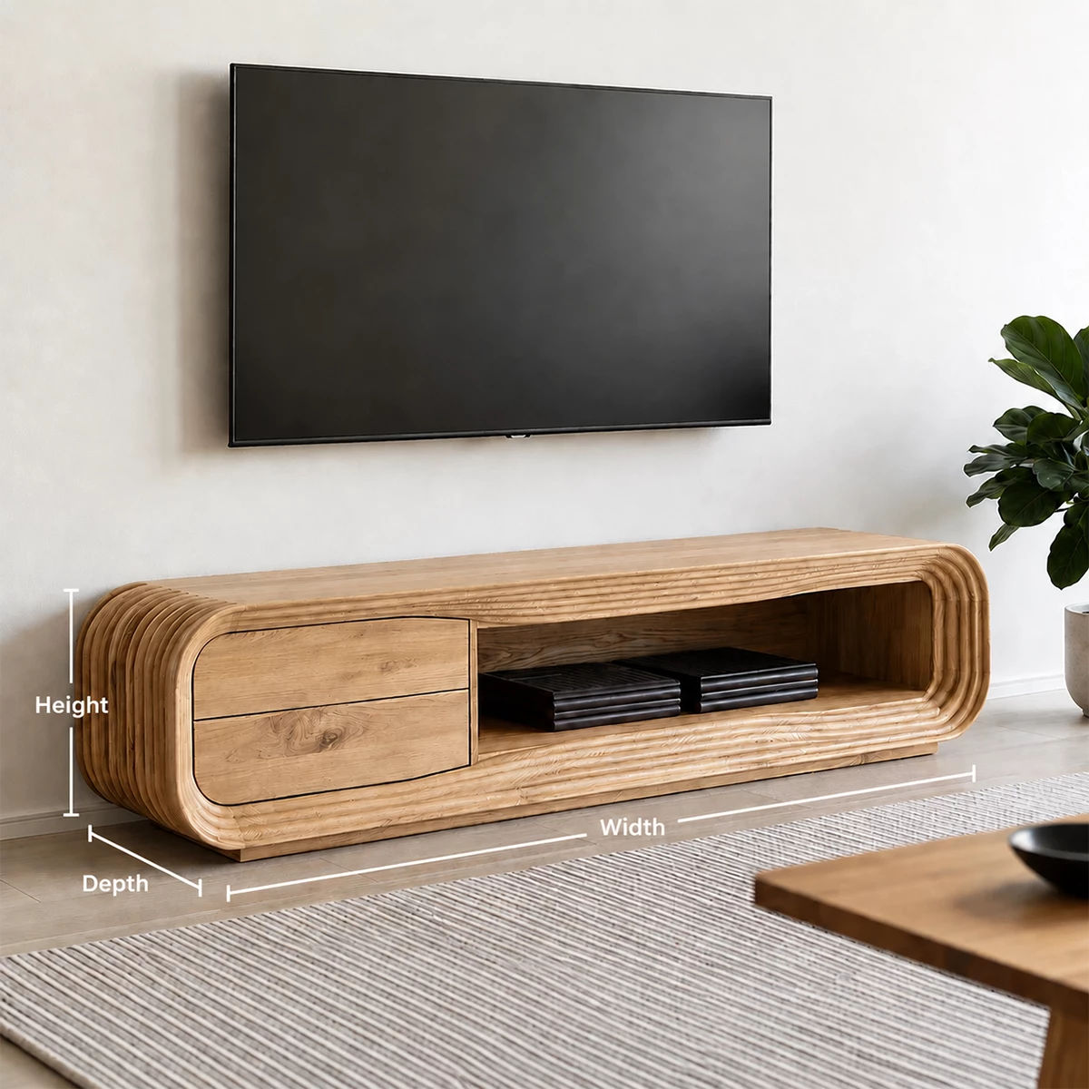Natural Solid Wood TV Stand with Two Drawers and Ribbed Open Media Shelf