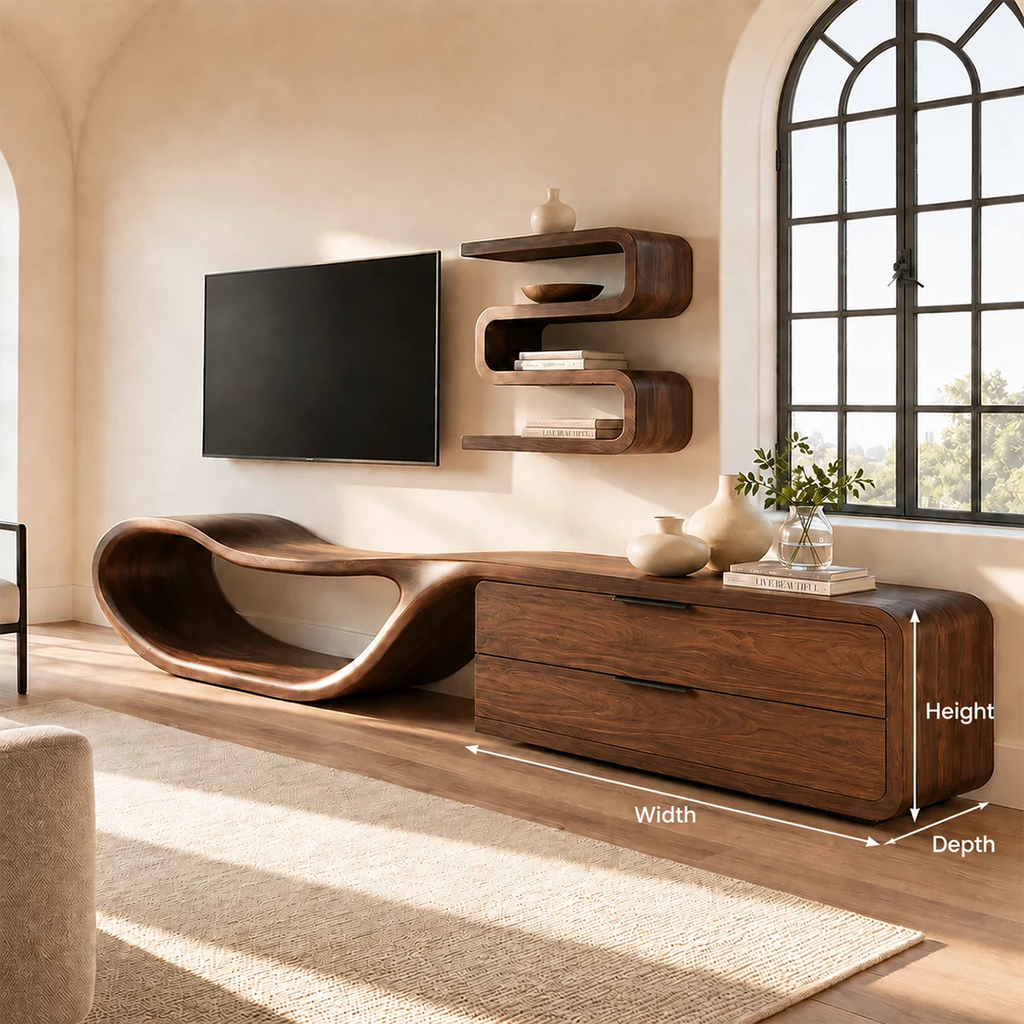 Natural Solid Wood TV Stand with Two Drawers and Sculptural Loop Base
