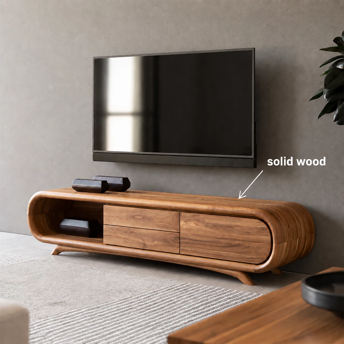 Natural Solid Wood TV Stand Rounded Modern Style