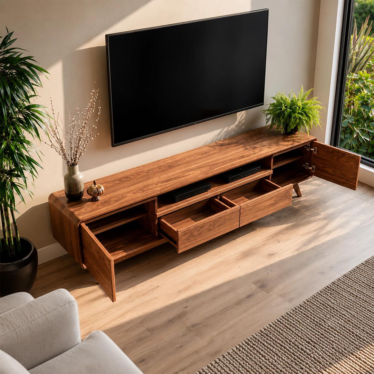 Natural Solid Wood TV Stand with Two Drawers, Side Cabinets and Open Shelf