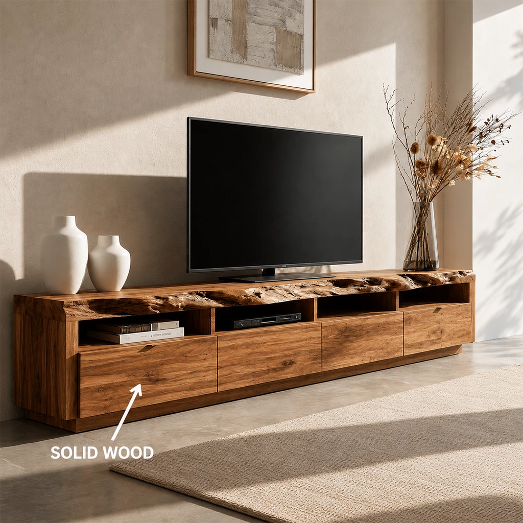 Natural Solid Wood TV Stand with Four Drawers and Open Media Shelves
