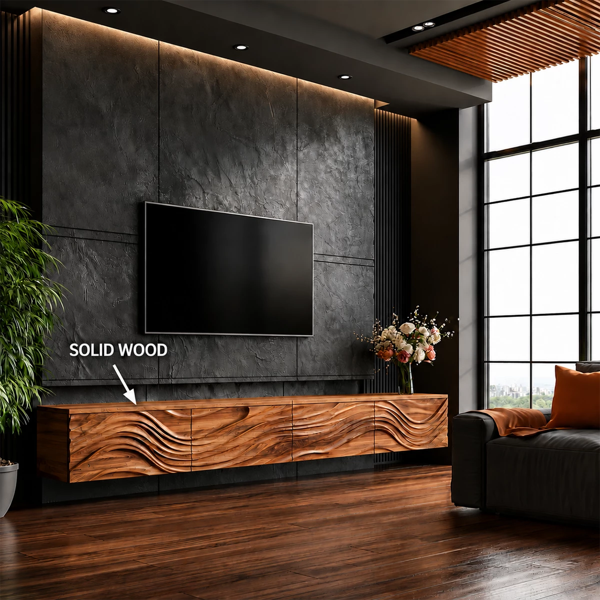 Natural Solid Wood Floating TV Stand Sculptural Modern Style