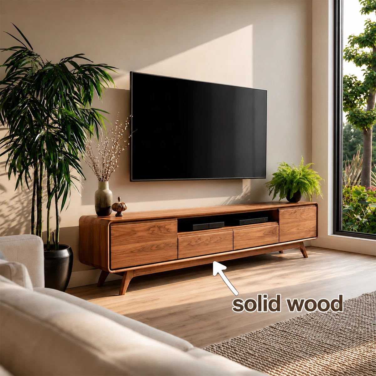 Natural Solid Wood TV Stand with Two Drawers, Side Cabinets and Open Shelf