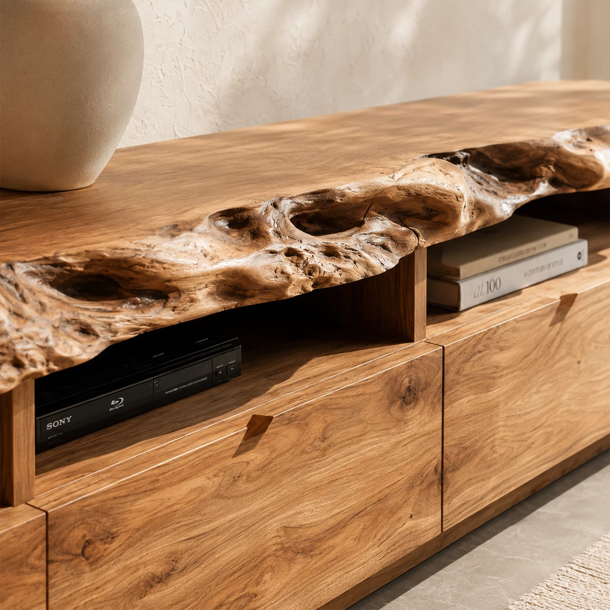 Natural Solid Wood TV Stand with Four Drawers and Open Media Shelves