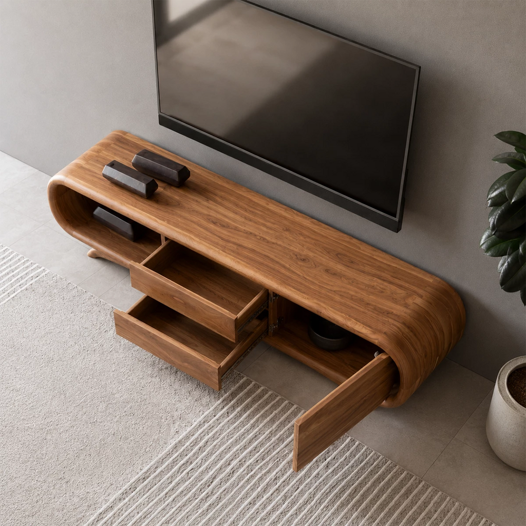 Natural Solid Wood TV Stand Rounded Modern Style