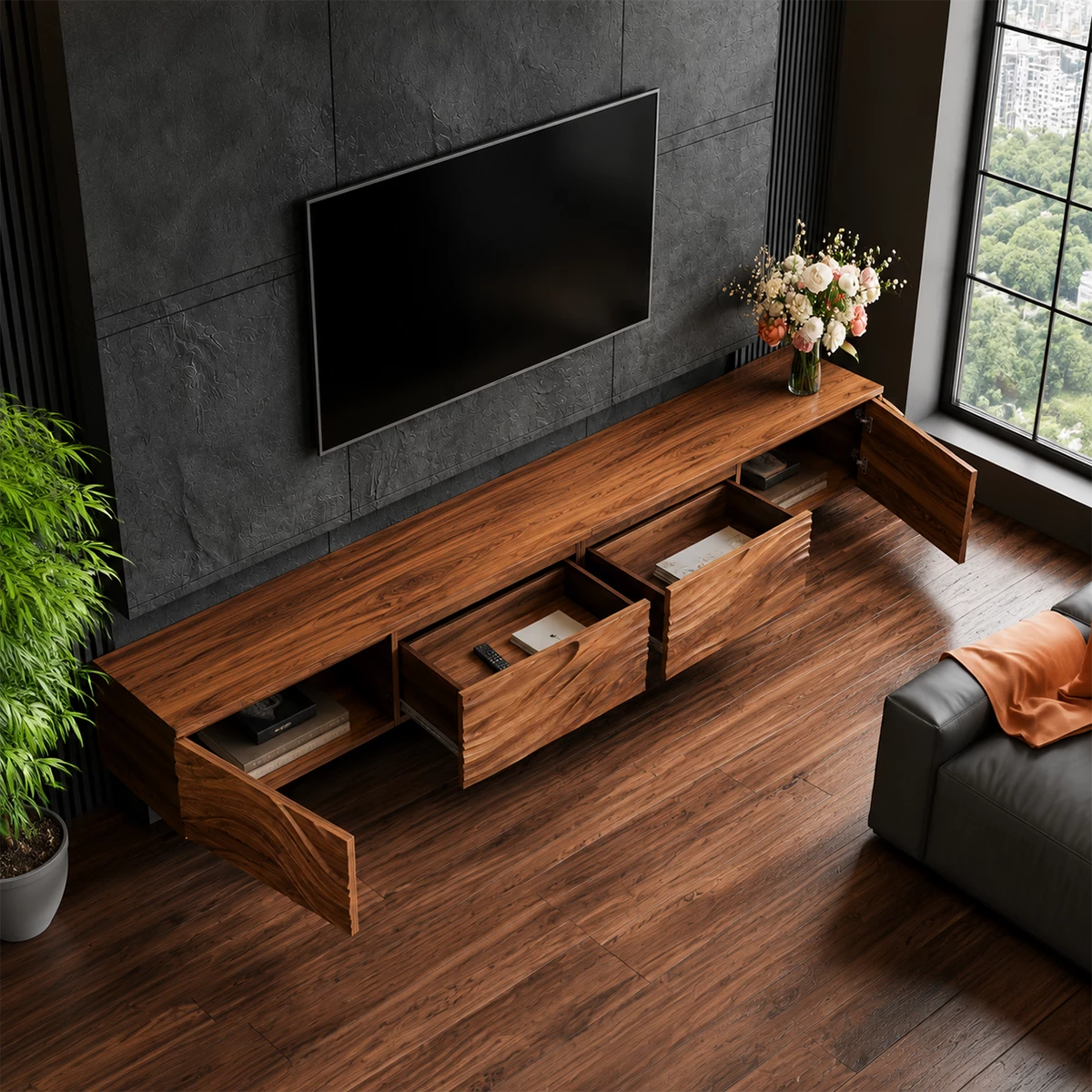 Natural Solid Wood Floating TV Stand Sculptural Modern Style