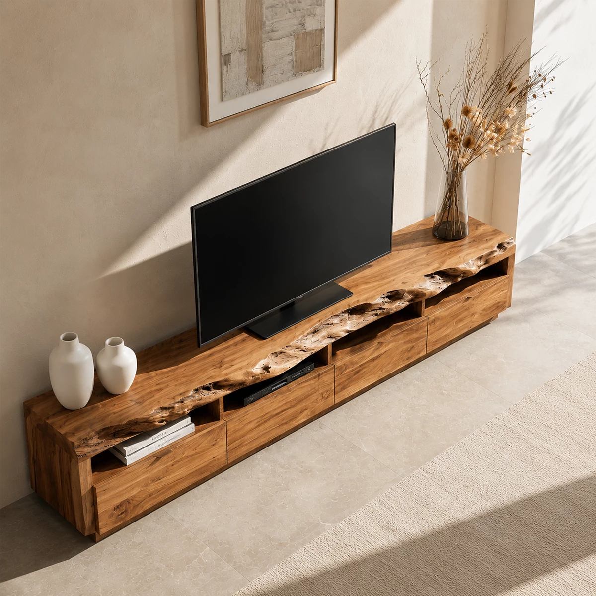 Natural Solid Wood TV Stand with Four Drawers and Open Media Shelves