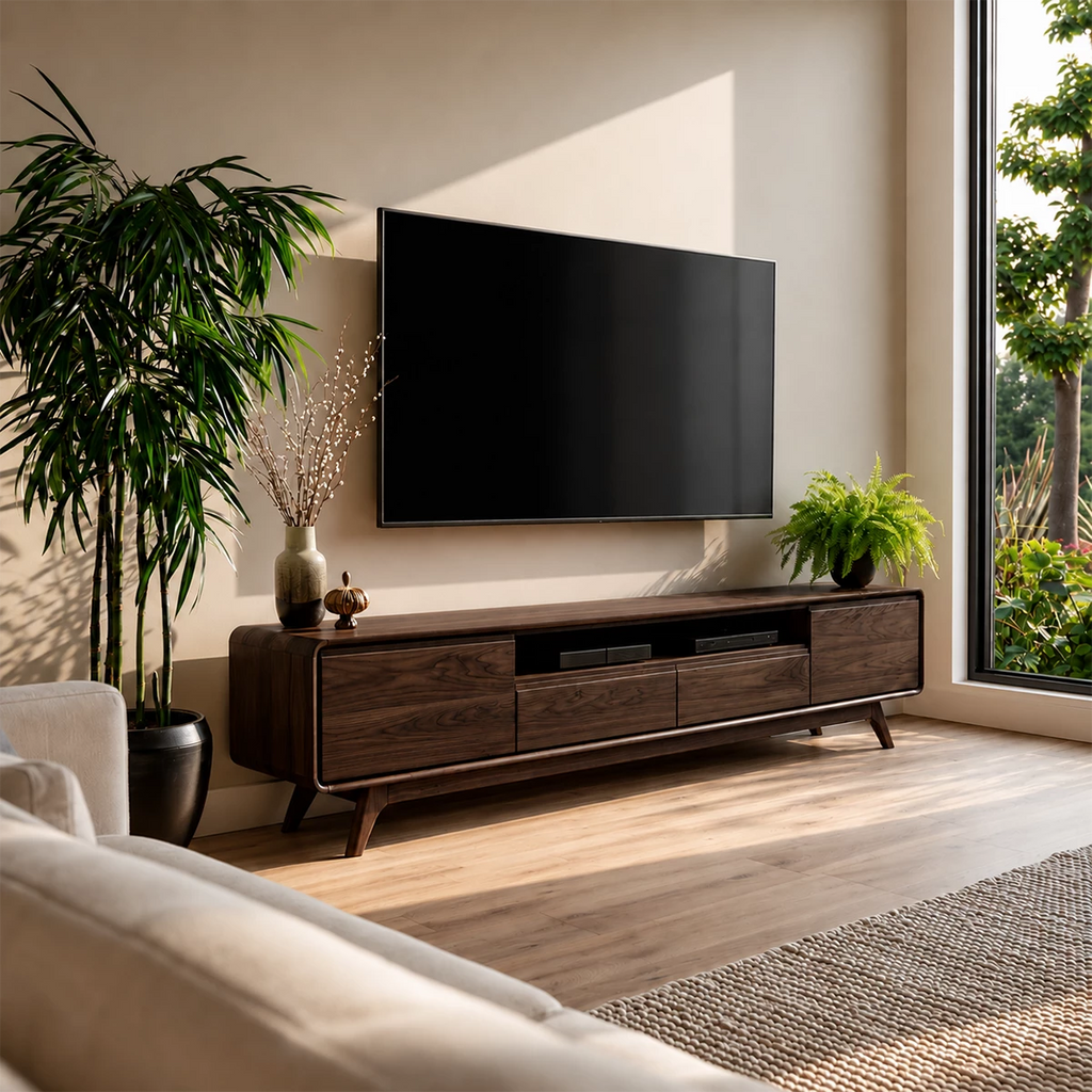 Natural Solid Wood TV Stand with Two Drawers, Side Cabinets and Open Shelf