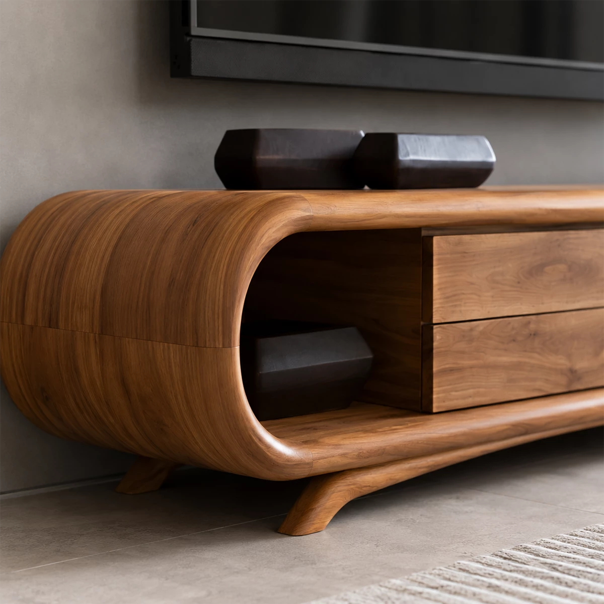 Natural Solid Wood TV Stand Rounded Modern Style