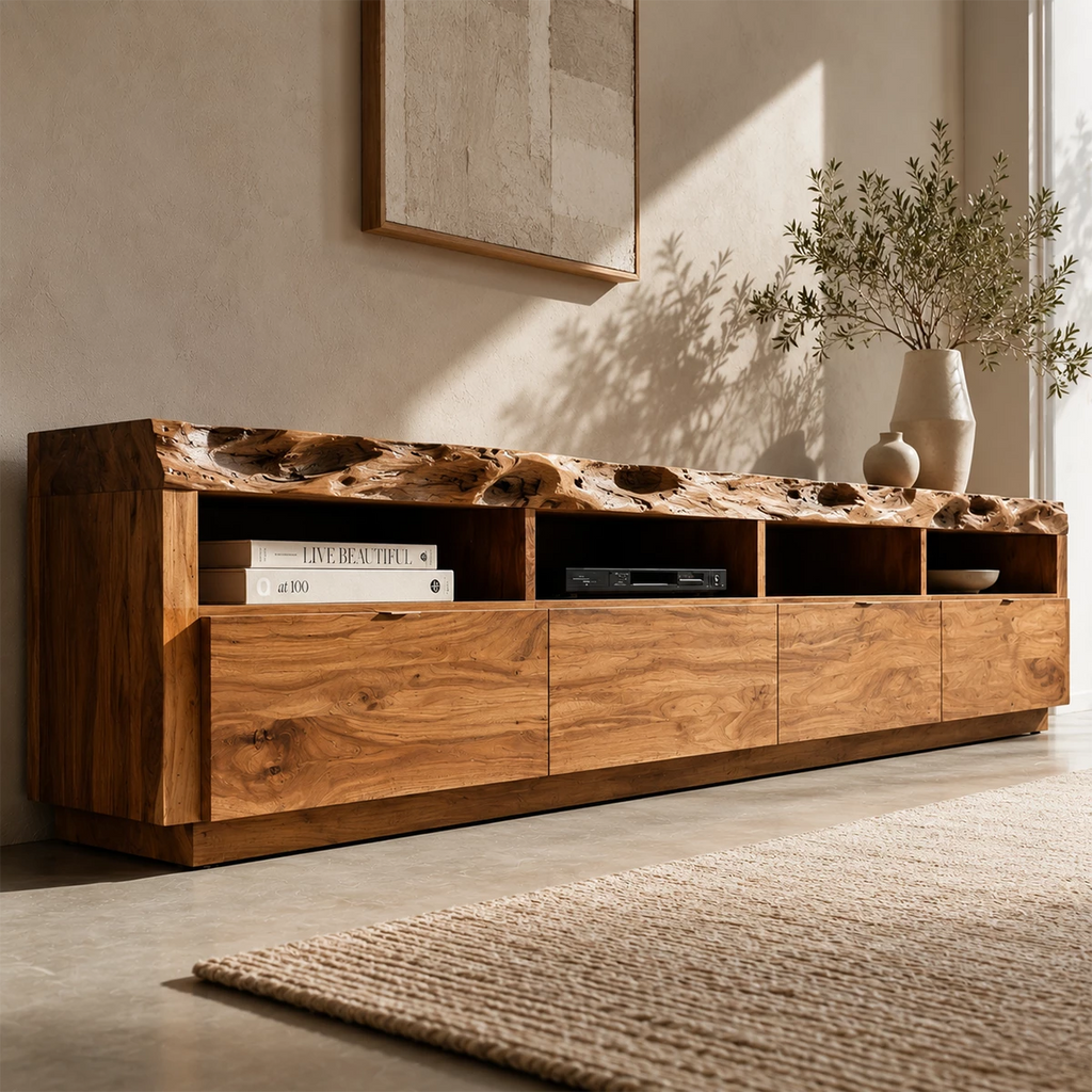 Natural Solid Wood TV Stand with Four Drawers and Open Media Shelves