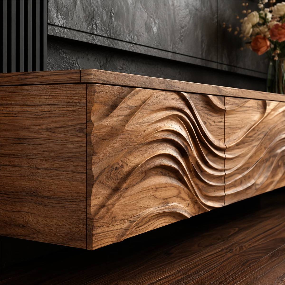 Natural Solid Wood Floating TV Stand Sculptural Modern Style