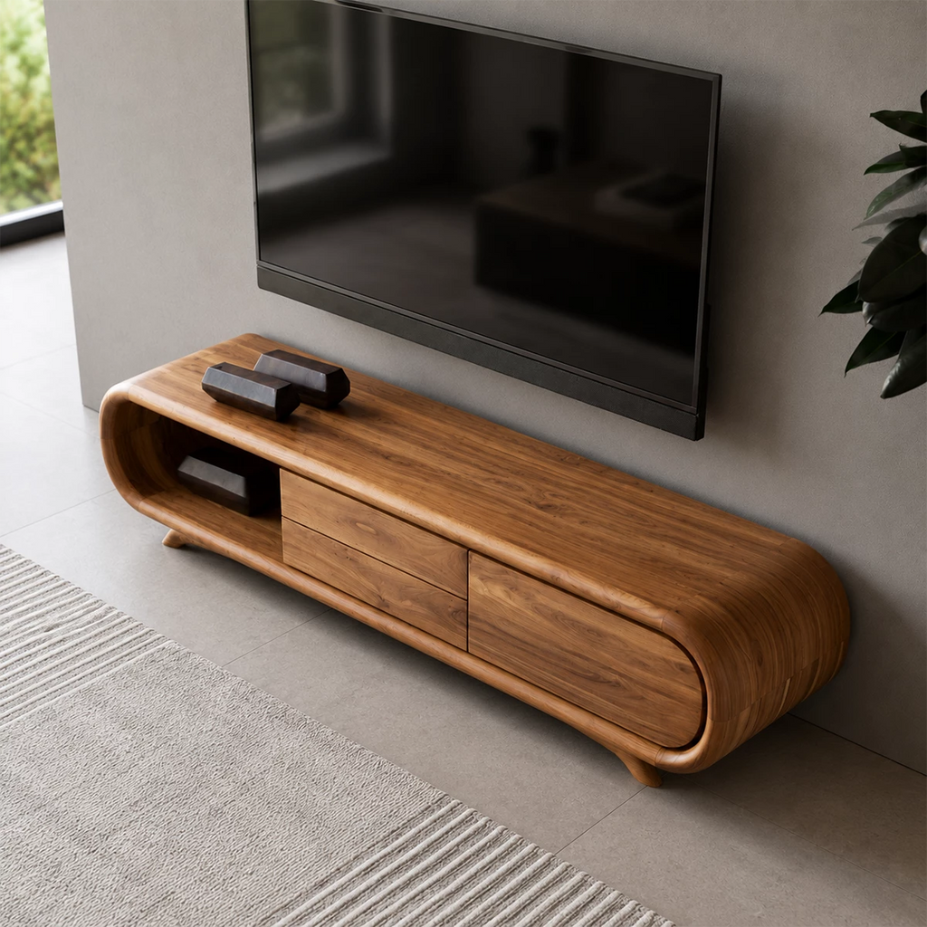Natural Solid Wood TV Stand Rounded Modern Style