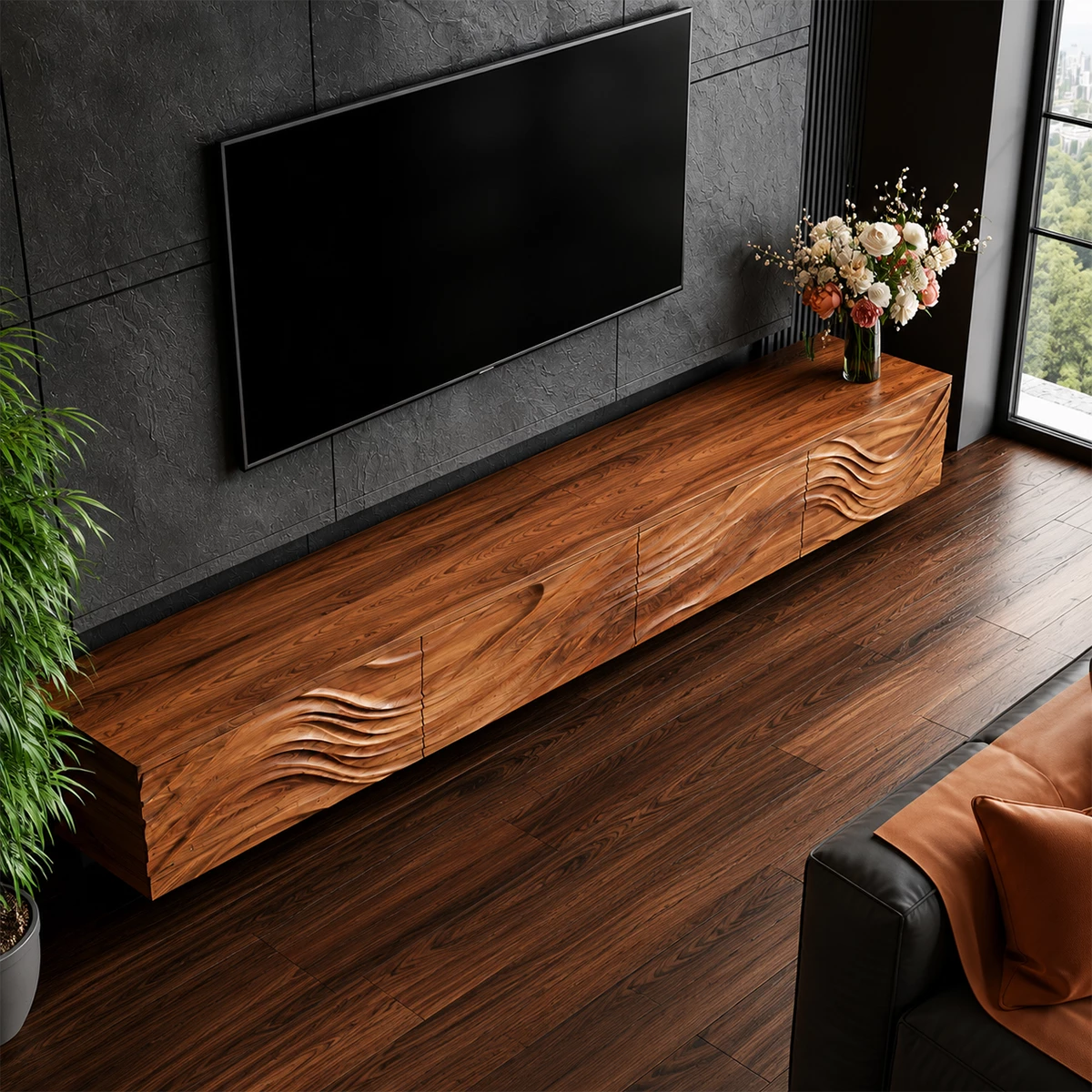 Natural Solid Wood Floating TV Stand Sculptural Modern Style
