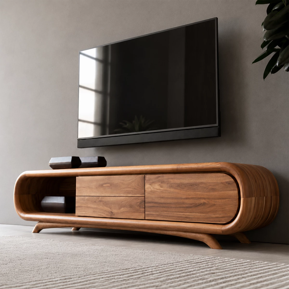 Natural Solid Wood TV Stand Rounded Modern Style