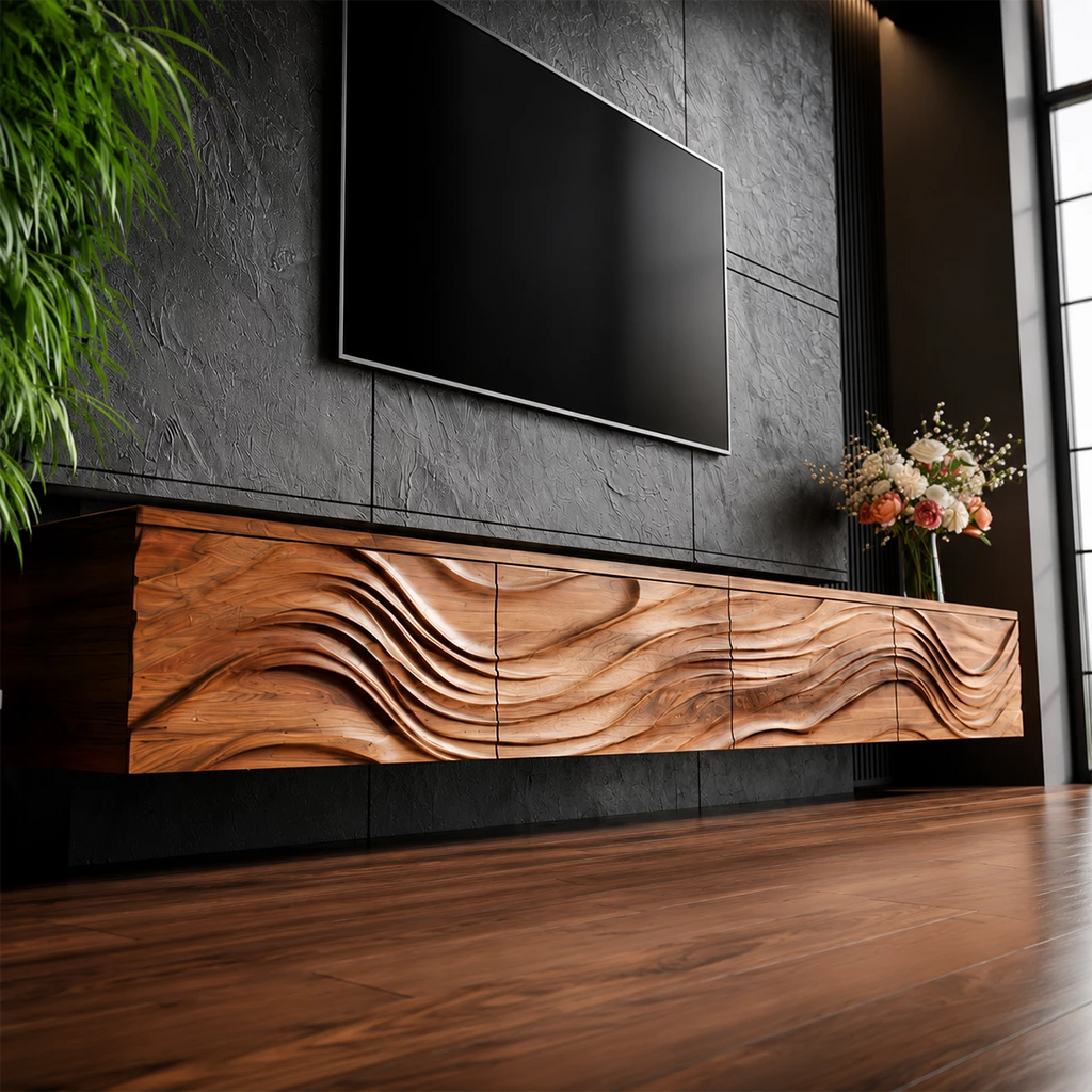Natural Solid Wood Floating TV Stand Sculptural Modern Style