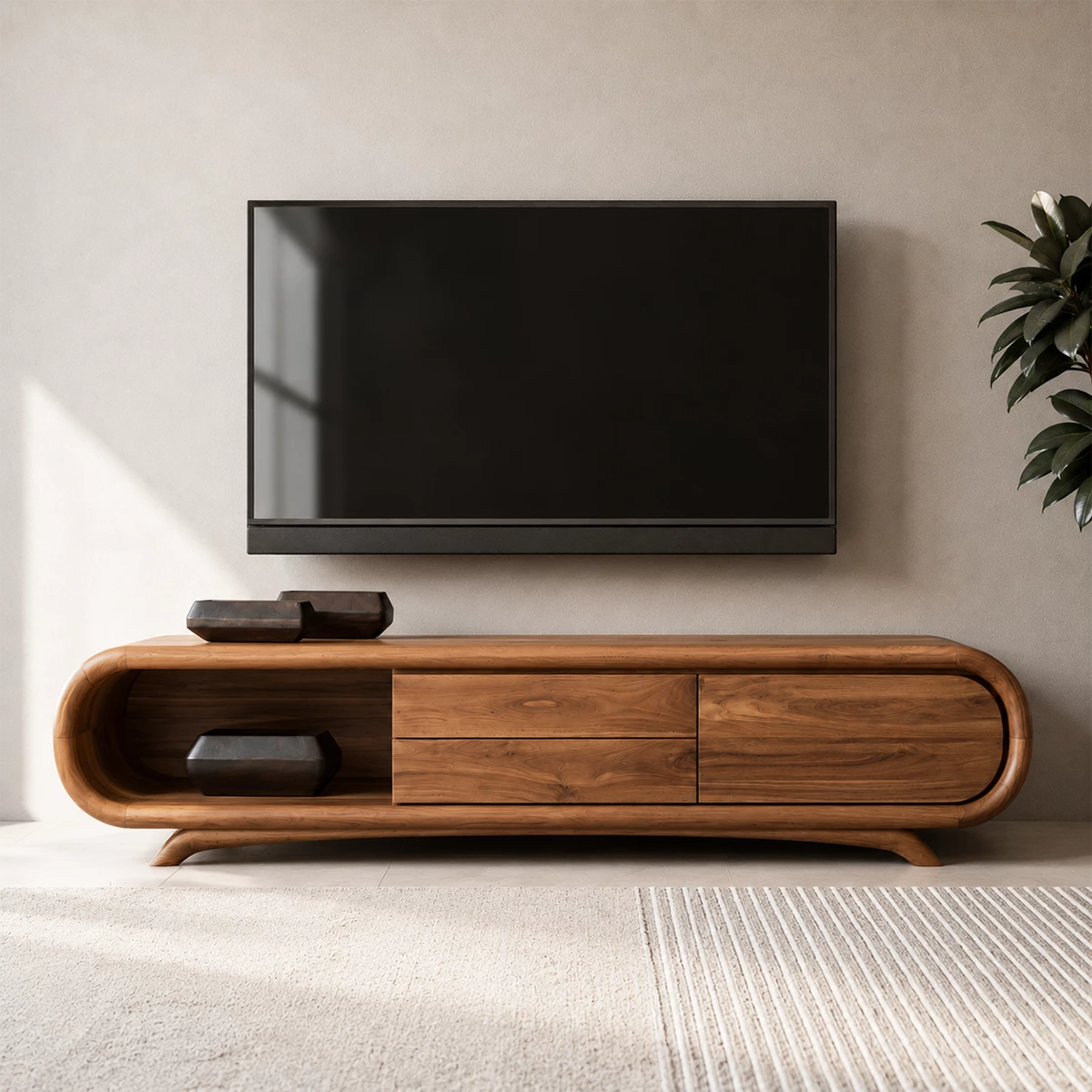 Natural Solid Wood TV Stand Rounded Modern Style