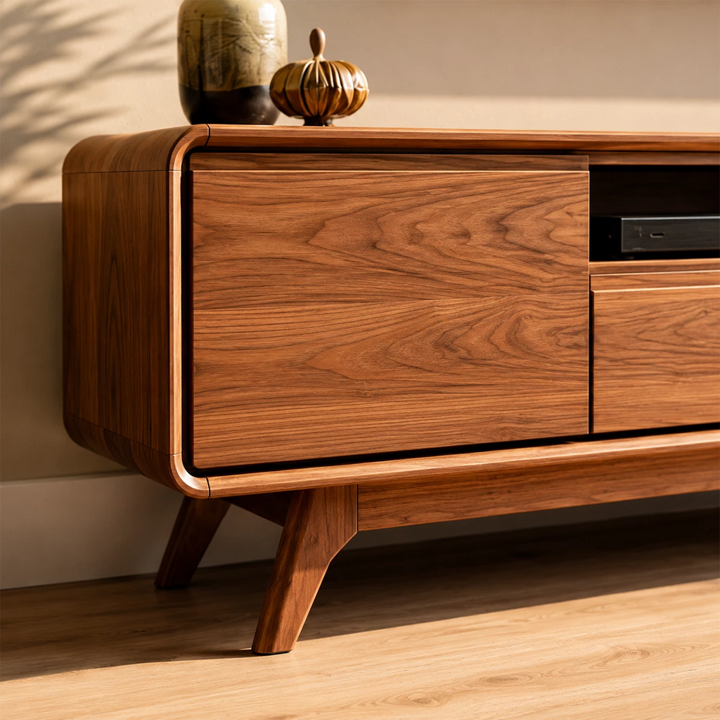 Natural Solid Wood TV Stand with Two Drawers, Side Cabinets and Open Shelf