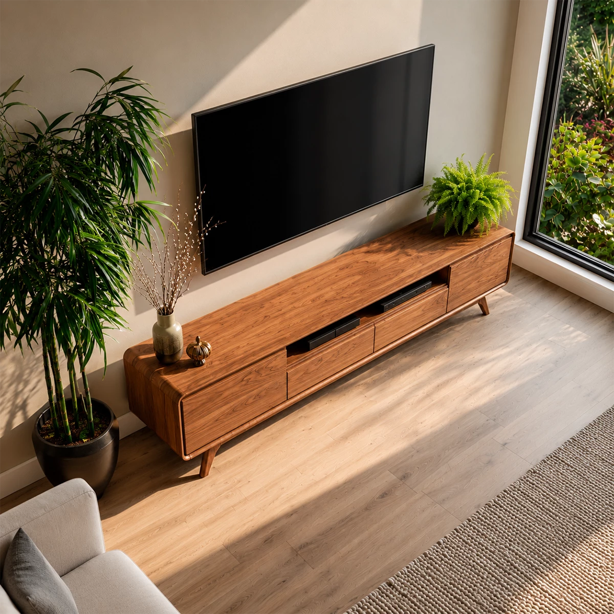 Natural Solid Wood TV Stand with Two Drawers, Side Cabinets and Open Shelf