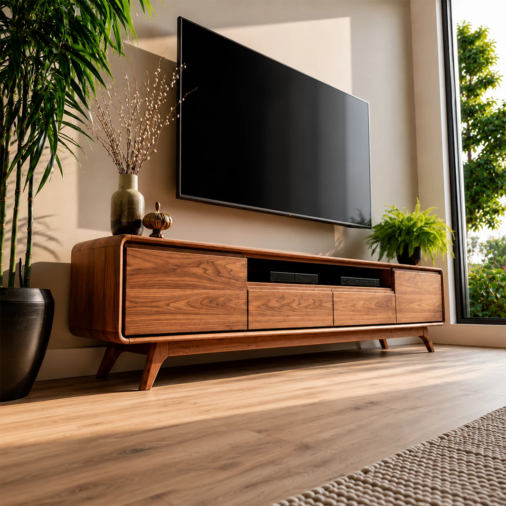Natural Solid Wood TV Stand with Two Drawers, Side Cabinets and Open Shelf