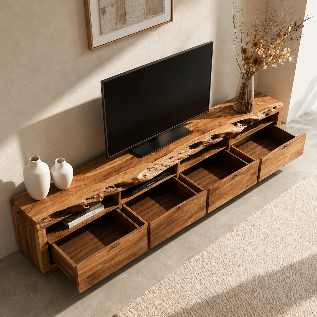Natural Solid Wood TV Stand with Four Drawers and Open Media Shelves